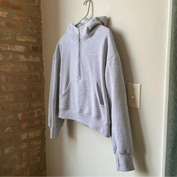 Scuba Neck Cropped Hoodie, Light Gray, Women’s Medium gray hoodie with pocket - Picture 2 of 13